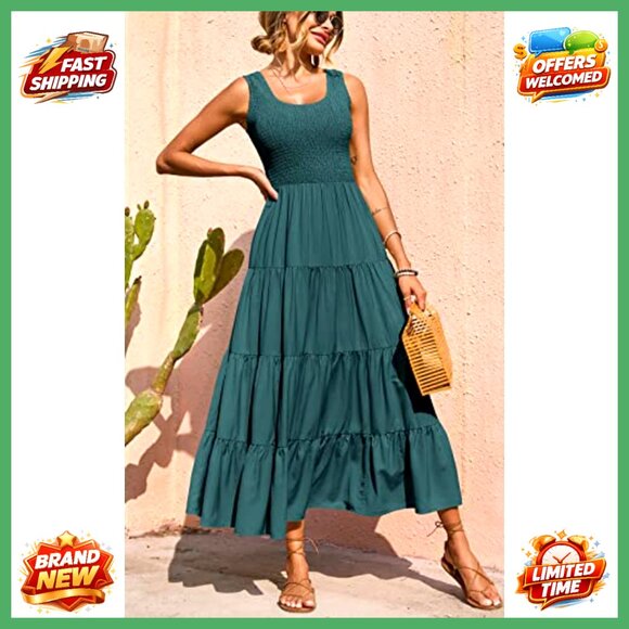 Women's Smocked Tank Maxi Dress Tiered Casual Beach Spring Sleeveless - Picture 5 of 7